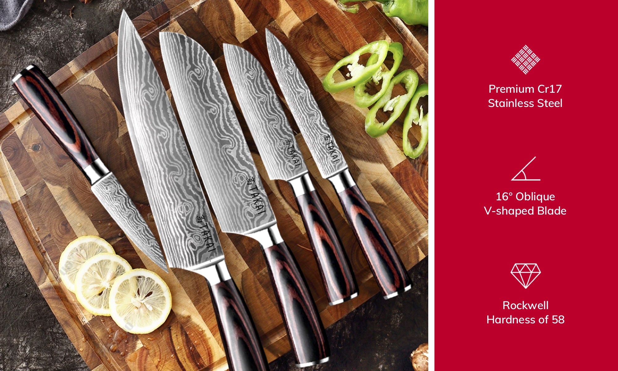 High Quality Affordable 5 Piece Red Pakkawood Chef Knife Set 